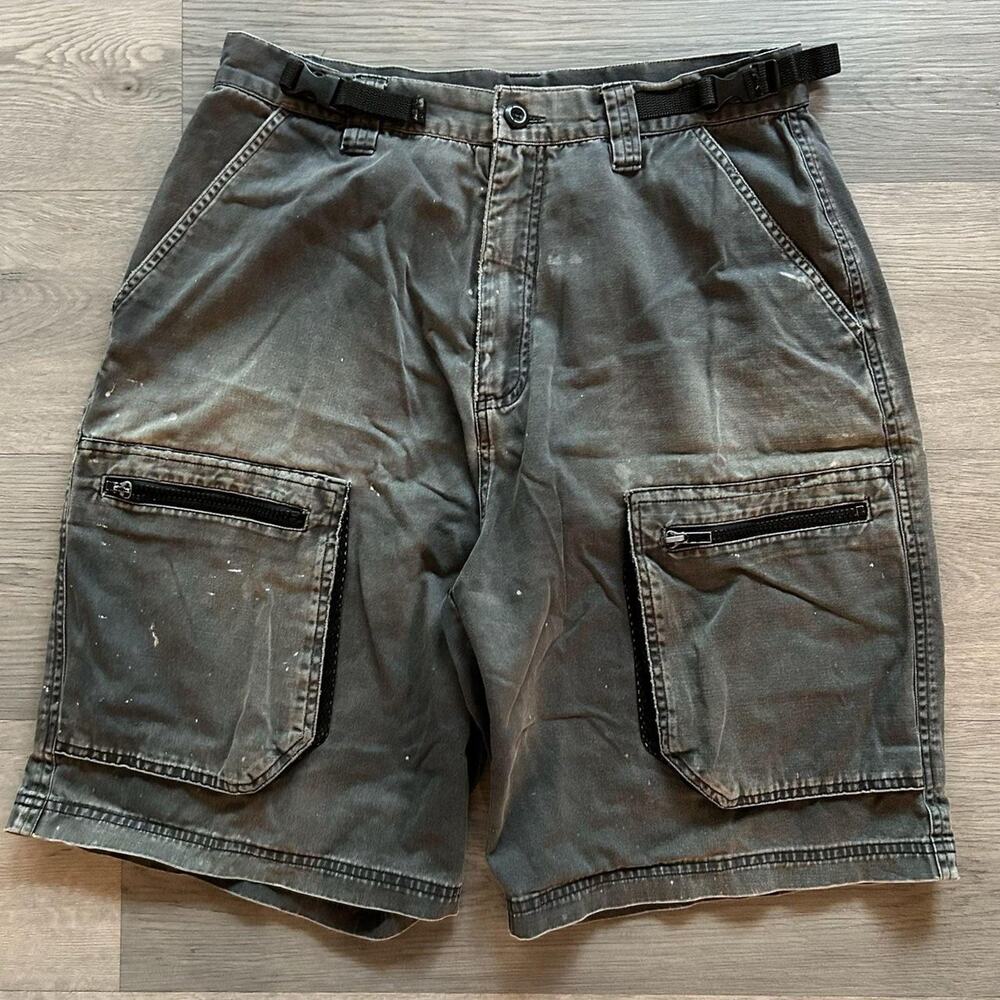 Vintage Distressed Gray Cargo Work Shorts with Integrated Belt, Size 32